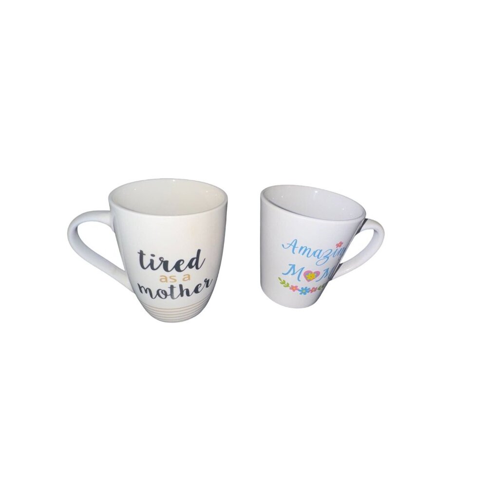 Set Of 2 Coffee Mugs: Tired As A Mother & Amazing Mom - White Porcelain